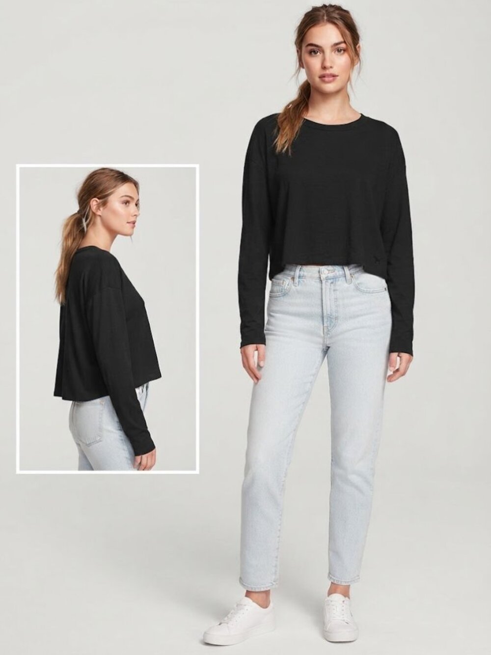 PINK Victoria's Secret Black Cropped Long Sleeve Tee Shirt Women's Size Large